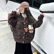 女童豹紋Hello Kitty刺繡針織開衫毛衣