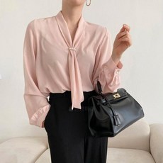 옷자락 여자 진주 타이 셔링 긴팔 브이넥 솔리드 블라우스