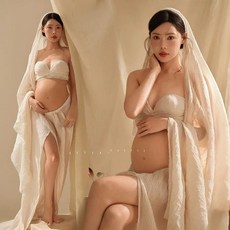 블랙 만삭 촬영 베이지 반목 화보 셀프 사진 임부복, 밀키화이트 랩드레스 스카프 포함