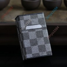 【開發票/統編】20支裝皮革菸盒 防壓個性創意收納 便攜金屬磁吸香菸盒 防撞防潮復古簡約設計960112, 格子灰, 1個
