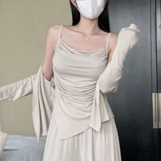 慵懶休閒套裝女春秋新款不規則吊帶開衫高腰拖地褲顯瘦氣質三件套, 卡其色