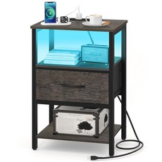 유부레 핑크 나이트 스탠드 충전 스테이션이 있는 LED 침대 옆 협탁 조절 가능한 패브릭 서랍 3단 엔드 테이블 거실용 소형 사이드 수납 공간이, Grey