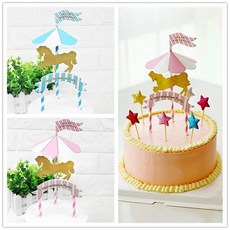 韓風童品 蛋糕裝飾 生日蛋糕裝飾牌 旋轉木馬裝飾旗 派對背景佈置, 1個, 藍色, 藍色