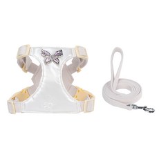 新款狗狗牽引繩小型犬胸揹帶輕鬆遛狗金屬蝴蝶結狗繩精緻寵物胸背, 1個, 奶油白-胸背+牽引繩