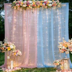 조명이 있는 핑크 및 블루 튤 배경 커튼 우아한 시어 사진 드레이프 부드러운 원단 조명 스트링 베이비 샤워 성별 공개 결혼식 생일 파티 장식 3 x 2.4m(10 8피트)