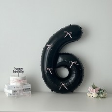 연지마켓 블랙 대형 숫자 풍선 리본 기념일 생일, 1개, 핑크리본 + 블랙숫자 6