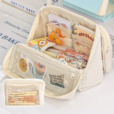 스테이친구 뷰클린 양면 접이식 필통 투명 올인원 대용량 파우치, 1개, 베이지