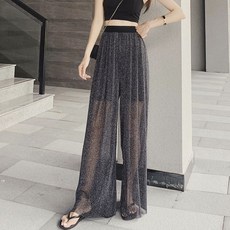 Summer Womens Leg Width Pants 2022 Ice Silk Straight Sequin Casual Wide Boot Trousers Woman Elastici