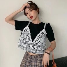 여성 레이스 시스루 뷔스티에 반팔 크롭티셔츠 여름 반팔티