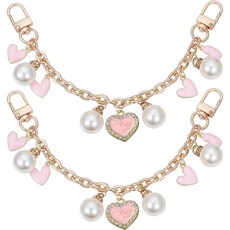 Beebeecraft 2피스 2가지 스타일 골드 장식 가방 체인 나비매듭 & 플라워 펄 에나멜 핑크 지갑 스트랩 교체 익스텐더 핸드백 여성용 유형의 191575, 하트 & 펄