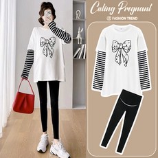 임산부 상의 + 바지 세트 임부복 봄 가을 얇은 긴팔 티셔츠 패션 리본 프린트 상의 두피스 캐주얼 외출용 YCY