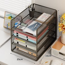 辦公桌書架收納整理盒 桌面置物架 文件夾 整理盒 資料放置架 桌麵上書架 多層大容量 收納盒文件櫃 鐵架, 1個, 四層-經典黑【豎款】