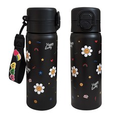 바이코코 DIY 스트랩 스마일 데이지 보온 보냉 스텐 예쁜 손잡이 빨대 텀블러, 1개, 500ml, 블랙