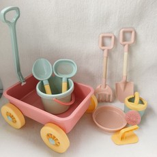 兒童沙灘挖沙推車玩具套裝, 1套, 720g, 【升級版】韓國櫻花粉拉車九件套