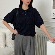 Tteugaejin 女款棉質圈圈紗翻領短袖針織衫 Circles翻領