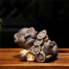財源滾滾茶寵擺件 招財肥豬朱泥擺件, 紫泥, 1個