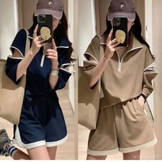 夏季休閒polo領露肩短袖T恤與短褲套裝，寬鬆顯瘦運動風兩件套