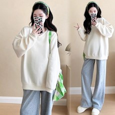 봄 가을 임산부 세트 캐주얼 임부복 기질 임부 브이넥 맨투맨 + 하이웨이스트 와이드 팬츠 상하 투피스 세트 LPC