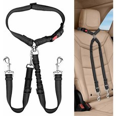 KOOK UDU 차량용 애견 안전벨트 차량 헤드레스트에 장착하는 2인용 꼬임 방지 목줄 2개 연결형 여행 시 사용 가능한 조절 탄성 연결 하네스(검정색) 114985, Black