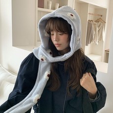 連帽圍巾 披肩 圍巾 女 連帽披肩 圍巾 男 羊毛圍巾 連帽 可愛花朵毛絨帽子圍巾