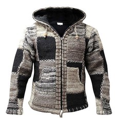 Shopoholic Fashion 패치워크 후드 플리스 재킷 더블 니트 울 풀 지퍼 후드 스웨터 남성용 그레이 블랙., 그레이 블랙