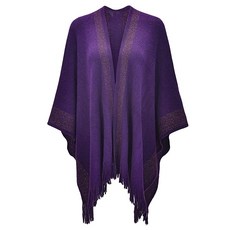 ZLYC 여성용 숄 골든 트림 니트 담요 랩 프린지 판초 코트 가디건 스페이스 염색 베이지 핑크 142132, 퍼플