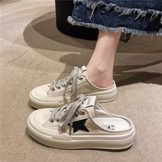뮬 스니커즈 여성용 두꺼운밑창 백리스 디자인 캐주얼 캔버스화 여름용 편한 슬립온 스타일 운동화