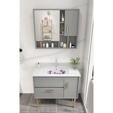 橡木洗臉臺盆櫃智能鏡實木浴室櫃組合 輕奢陶瓷洗手盆地櫃組 浴室收納首選, 輕奢灰90岩板全套配件, 1個