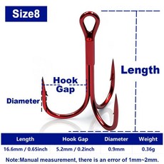 피쉬트립 레드 트레블 훅 라운드 바브드 고강 트리플 배스 송어 바닷물용, 3. Size 8