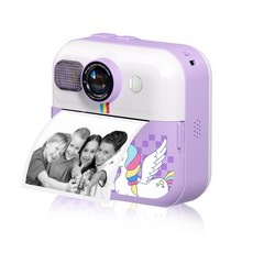 PYHO 어린이 즉석카메라 48MP 고화질 듀얼카메라 1080P 동영상 촬영 2.4인치 IPS화면 1500mAh 대용량 배터리 제로잉크 인쇄 DIY 그림놀이 어린이 선물용, 1개, 자색
