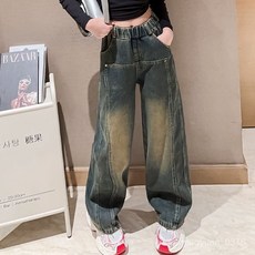 AXGX 女童牛仔褲 春秋新款 兒童 洋氣 中大童 休閒 顯瘦 時髦 拼接 女孩 闊腿褲