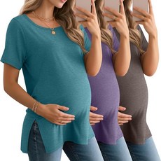 BAGGY 배기fly 여성용 임산부 셔츠 반소매 라운드넥 사이드 스플릿 상의 루즈핏 여름 캐주얼 엄마 의류 3팩 시멘트 그레이 그레이 퍼플 블랙 M 190957, 청록색, 보라색, 커피 그레이