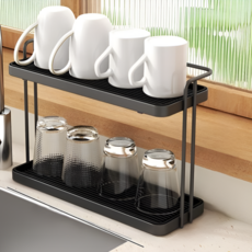 깔끔한 물빠짐 2단 컵 선반 건조대 수납대 정리대, 1개, 블랙