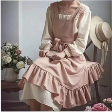 프렌치 레트로 전원풍의 예술적 감성이 있는 가정용 주방 요리용 방오 앞치마 북유럽 스타일의 단색 앞치마, 핑크
