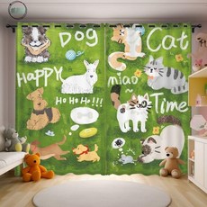 墟里居 小狗窗簾卡通兒童房油畫貓咪女生臥室飄窗清新宿舍隔斷遮光布, 17（80107+80108）,寬1.5米*高度2.7米掛鉤一片/可改短