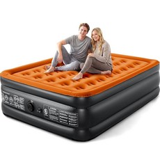 캠핑 에어 매트리스 퀸 내장 펌프 45.7cm(18인치) 두께 299.4kg(660파운드) 튼튼하고 편안한 블로우 업 에어 매트리스 휴대용 가방 포함 공기 주입식 접이식 플, 블랙 & 오렌지