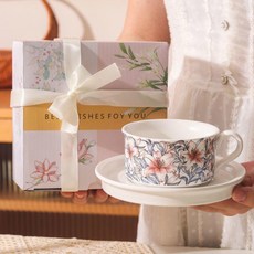 中古風陶瓷咖啡盃碟套裝 高級感輕奢下午茶禮盒送女生禮品, 1個, 中古風盃碟白色百閤花禮盒裝