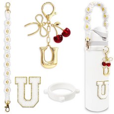 BydGxy Owala FreeSip & Tumbler용 체리 리본 나비매듭 레터 참 맞춤형 이니셜 물병 손잡이 액세서리 프레피 스타일 선물 핑크 - H 160128, 글자 U, 화이트