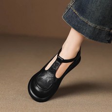 여성 푹신한 가죽 쿠션 로퍼 단화 메리제인 샌들 발편한 플랫 통굽 스트랩 슈즈