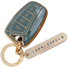 현대 싼타페DM 제네시스DH 호환 TPU 자동차 키 케이스 번호판 키링 키홀더, 4버튼_TA63_KH03, 그레이