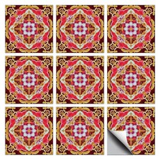 CHGCRAFT 타일 스티커 36개 레트로 스타일 레드 플로럴 필 앤 스틱 벽 스티커 레드 플로럴 스페인어 기하학 방수 자체 접착 스틱 타일 데칼 욕실 아트 데코