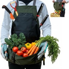 정원용 앞치마 방수 크로스백 앞치마 600D 고강도 원단 수확 작업용 및 대형 탈착식 주머니, 녹색, 중간