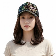 가발위드 반짝이 스팽글 모자가발 여성용 메쉬캡 자연스러운 중단발 가발모자 M545, 1개, 블랙+다크브라운