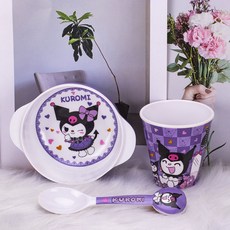 【臺灣-出貨】卡通庫洛米兒童餐具可愛家用耐摔防燙分格餐盤喫飯碗勺杯筷盤, 庫洛米【510ML】雙耳碗+庫洛杯+造勺, 1個