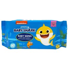 Baby Shark 알로에 및 비타민 E 함유 아기 물티슈 60개입 - 24팩, Baby Shark 알로에 및 비타민 E 함유 아기 물, 60