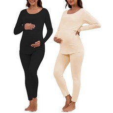 Patelai 2팩 여성용 보온 수유 속옷 임산부 파자마 세트 모유 수유 잠옷 플리스 안감 임산부 세트 누드 핑크 미디엄