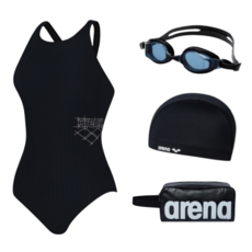 [국내매장판] 아레나 그리드 원피스 레이서백 수모 수경 손가방 세트 / 여자 수영 모자 수영복 수영장 물안경 아쿠아 래쉬가드