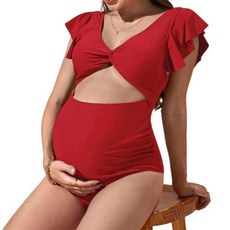 임산부 수영복 플러스사이즈 만삭 하이웨이스트 V넥 출산 나일론 단색 원피스 목욕 세트 컷 아웃 프릴 골지 임신
