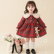 몽실이 곰장식 체크원피스