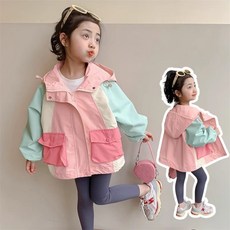 兒童撞色拼接連帽風衣外套，柔軟舒適透氣，時尚有型，多色可選